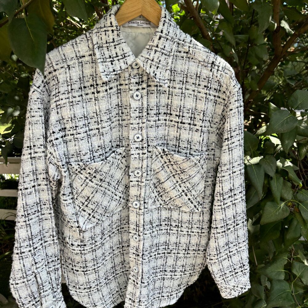 Charlie Luciano Tweed Oversized Over Shirt Black and White Jacket  Sz XS Shacket